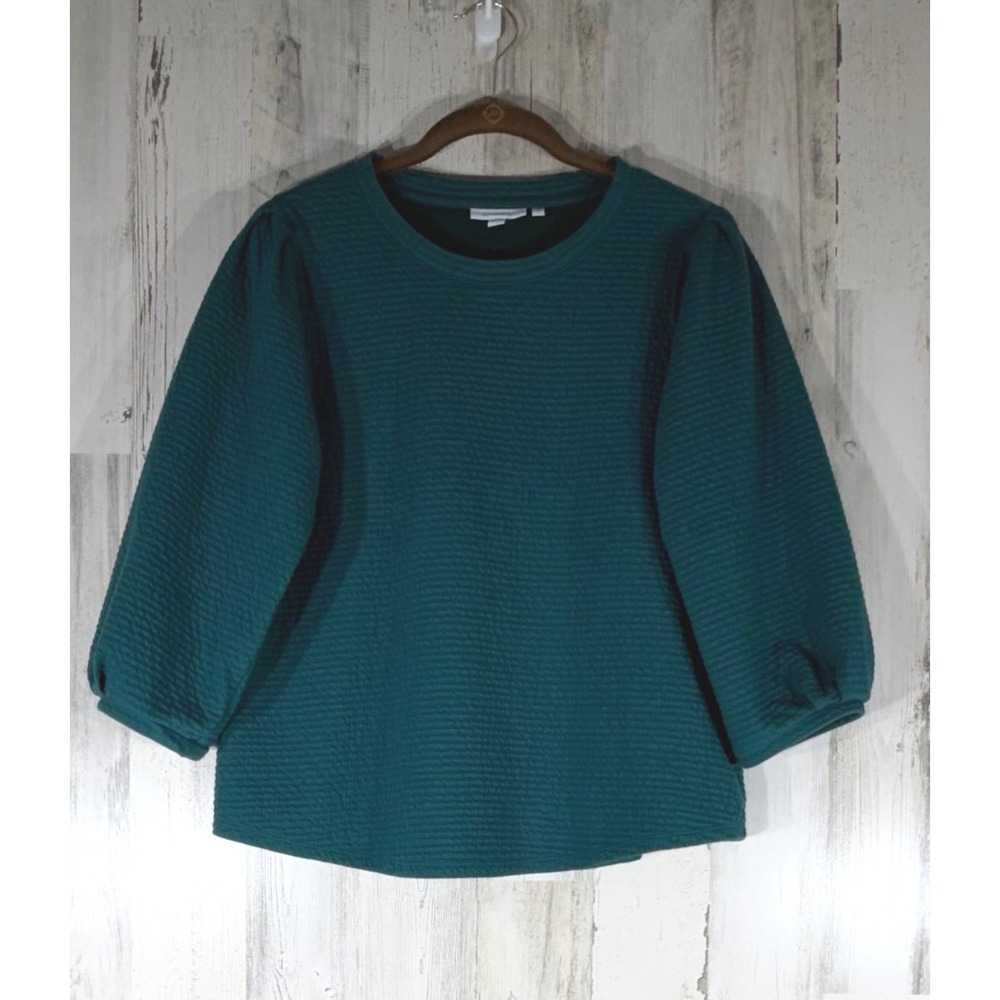 Chicos Top Size 2 or Large Puff Sleeves Teal Green Textured Gauzy‎ Cotton Blend